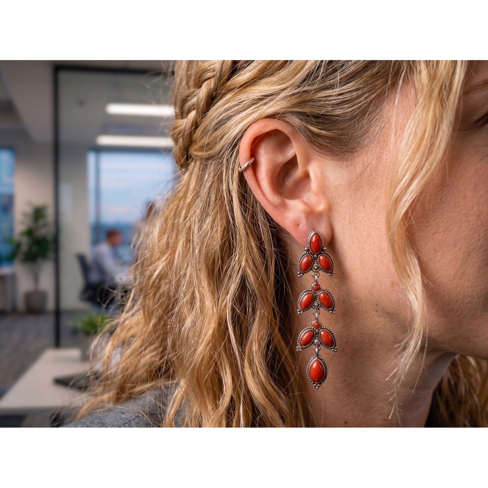 Navajo Coral Earrings Sterling Silver Natural Southwestern Jewelry for Women **